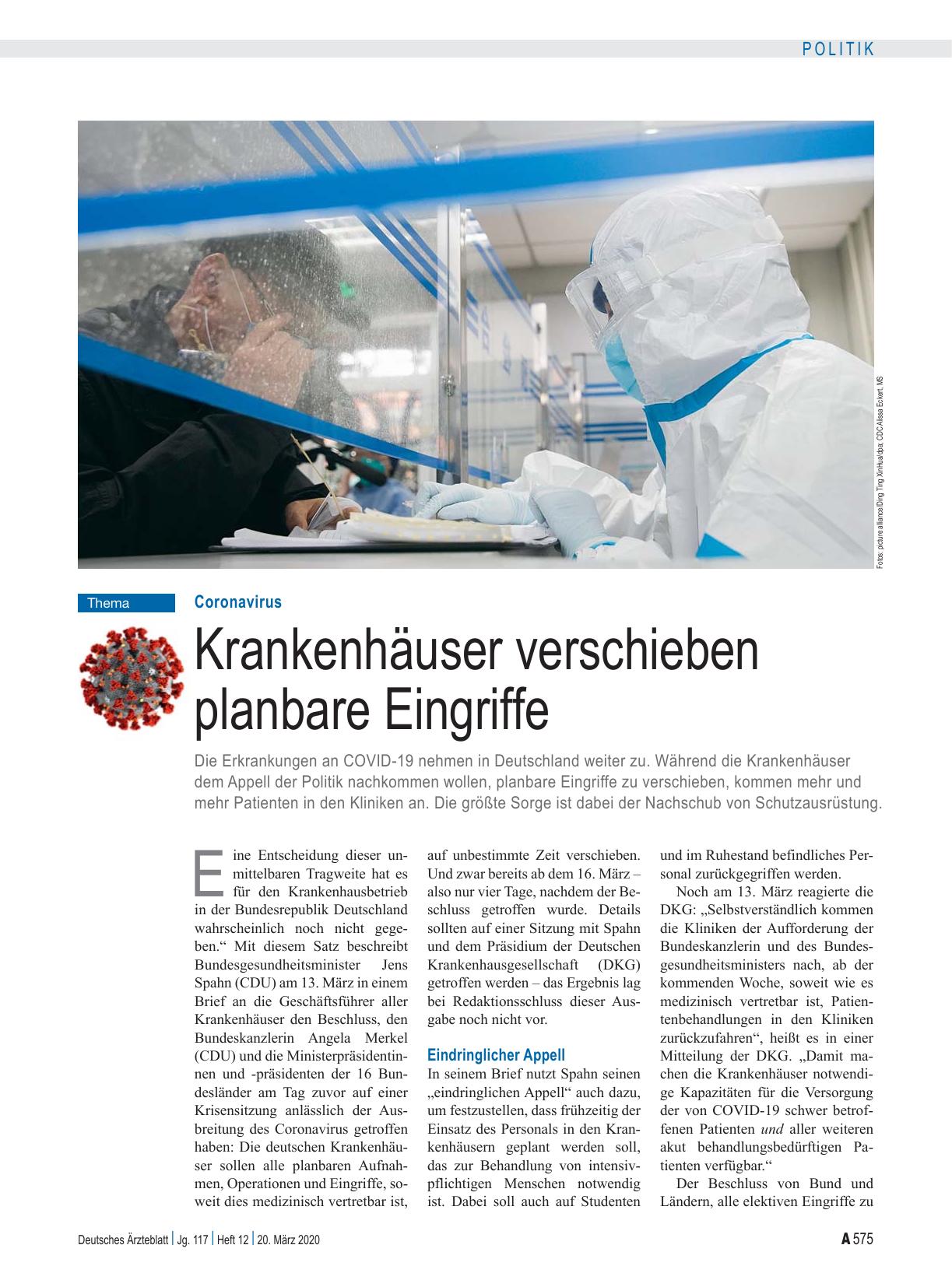 Vorschauseite 1: Coronavirus: Krankenhäuser verschieben planbare Eingriffe