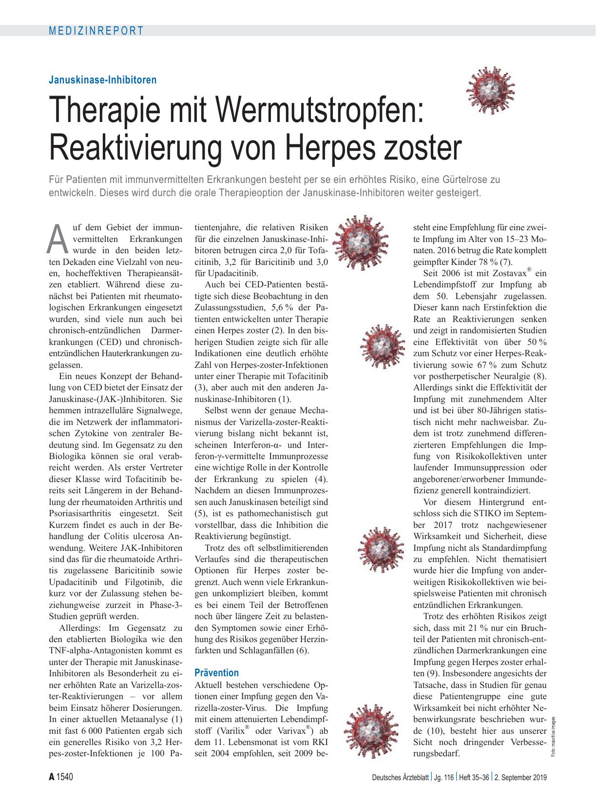 Vorschauseite 1: Januskinase-Inhibitoren: Therapie mit Wermutstropfen: Reaktivierung von Herpes zoster