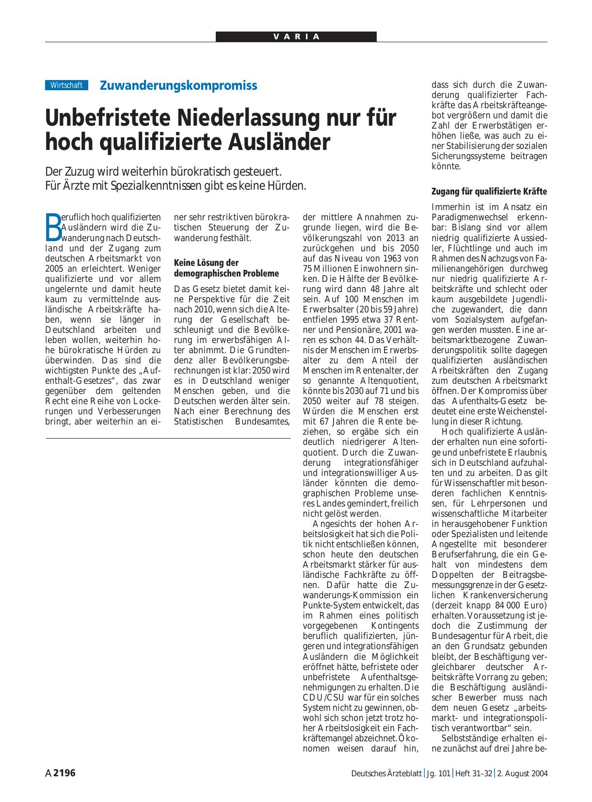 Vorschauseite 1: Zuwanderungskompromiss: Unbefristete Niederlassung nur für hoch qualifizierte Ausländer