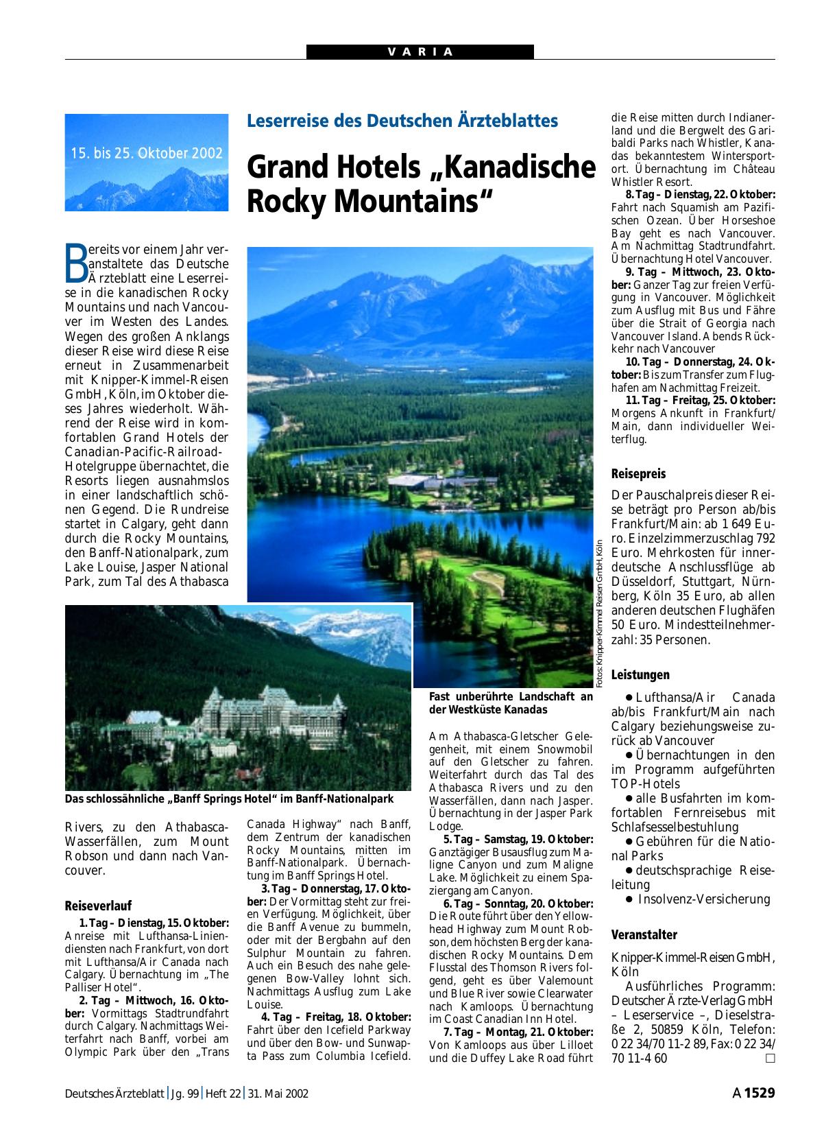 Vorschauseite 1: Leserreise des Deutschen Ärzteblattes: Grand Hotels „Kanadische Rocky Mountains“