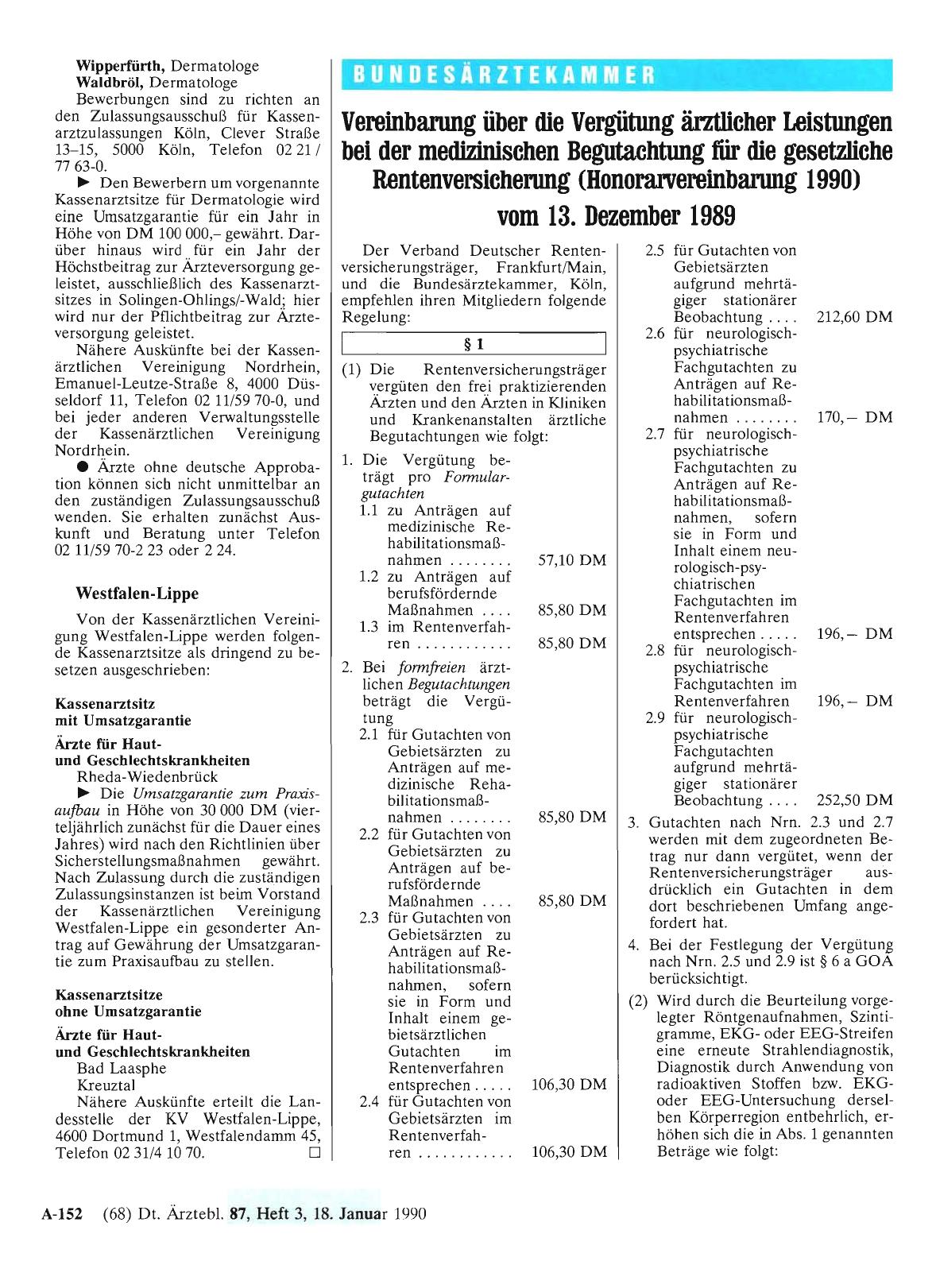 Vorschauseite 1: Vereinbarung über die Vergütung ärztlicher Leistungen bei der medizinischen Begutachtung für die gesetzliche Rentenversicherung (Honorarvereinbanmg 1990) vom 13. Dezember 1989