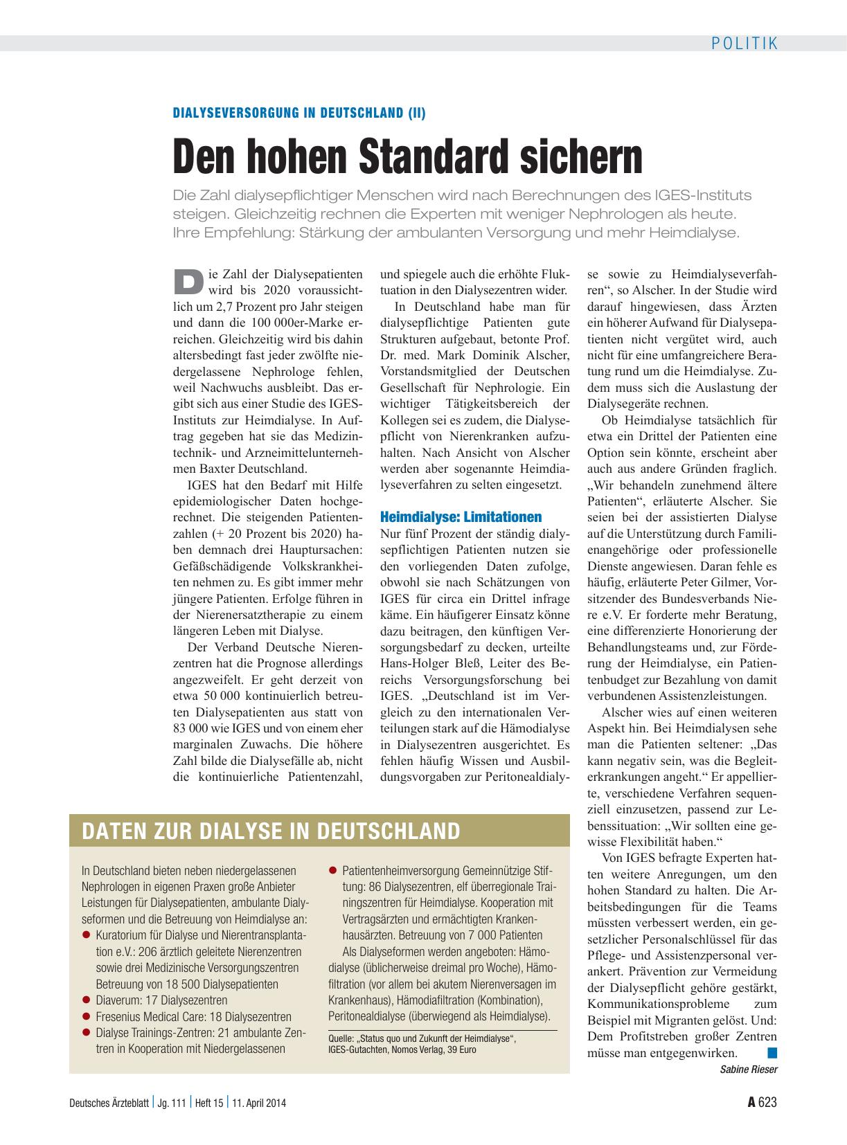 Vorschauseite 1: Dialyseversorgung in Deutschland (II): Den hohen Standard sichern