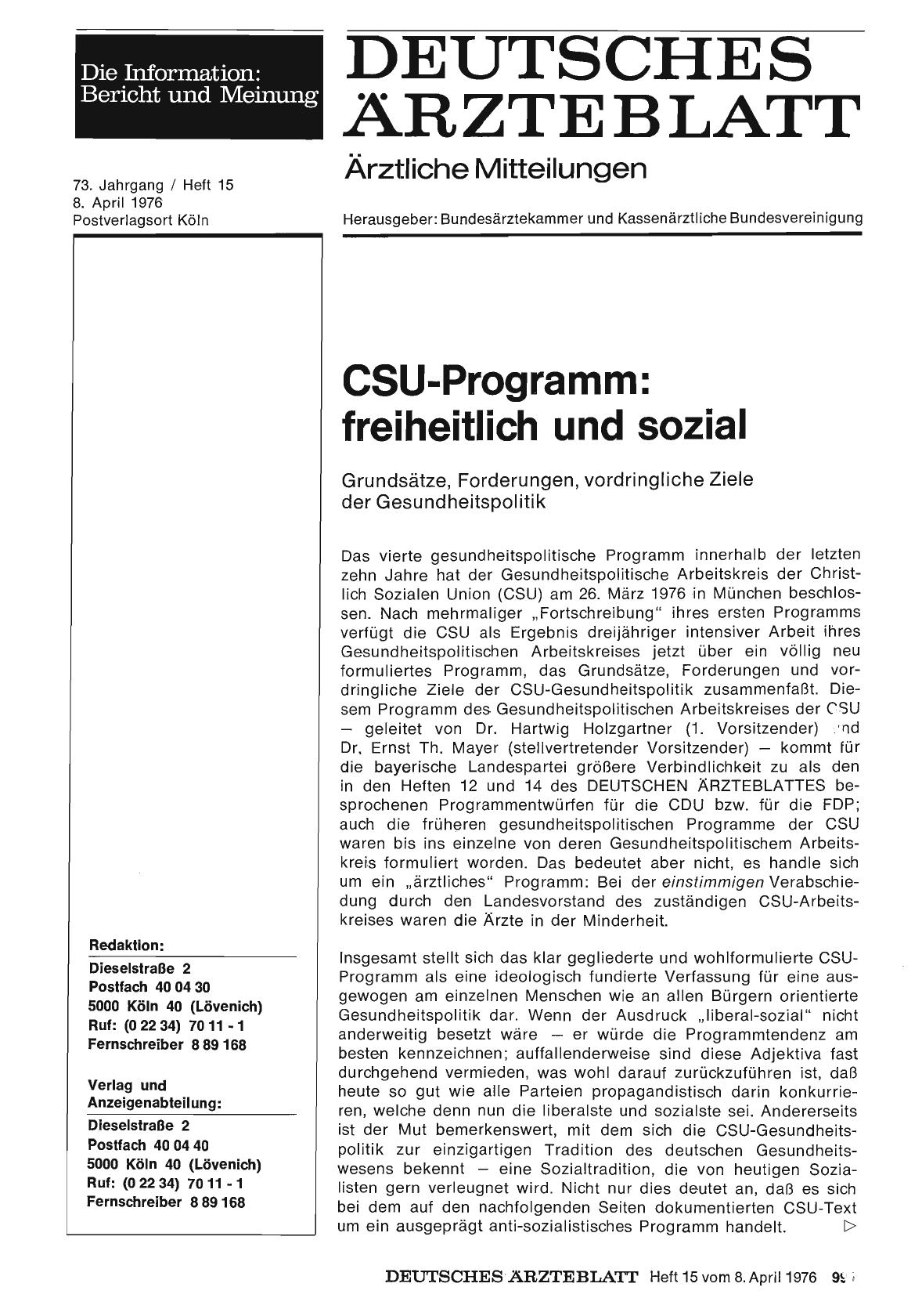 Vorschauseite 1: CSU-Programm: freiheitlich und sozial: Grundsätze, Forderungen, vordringliche Ziele der Gesundheitspolitik