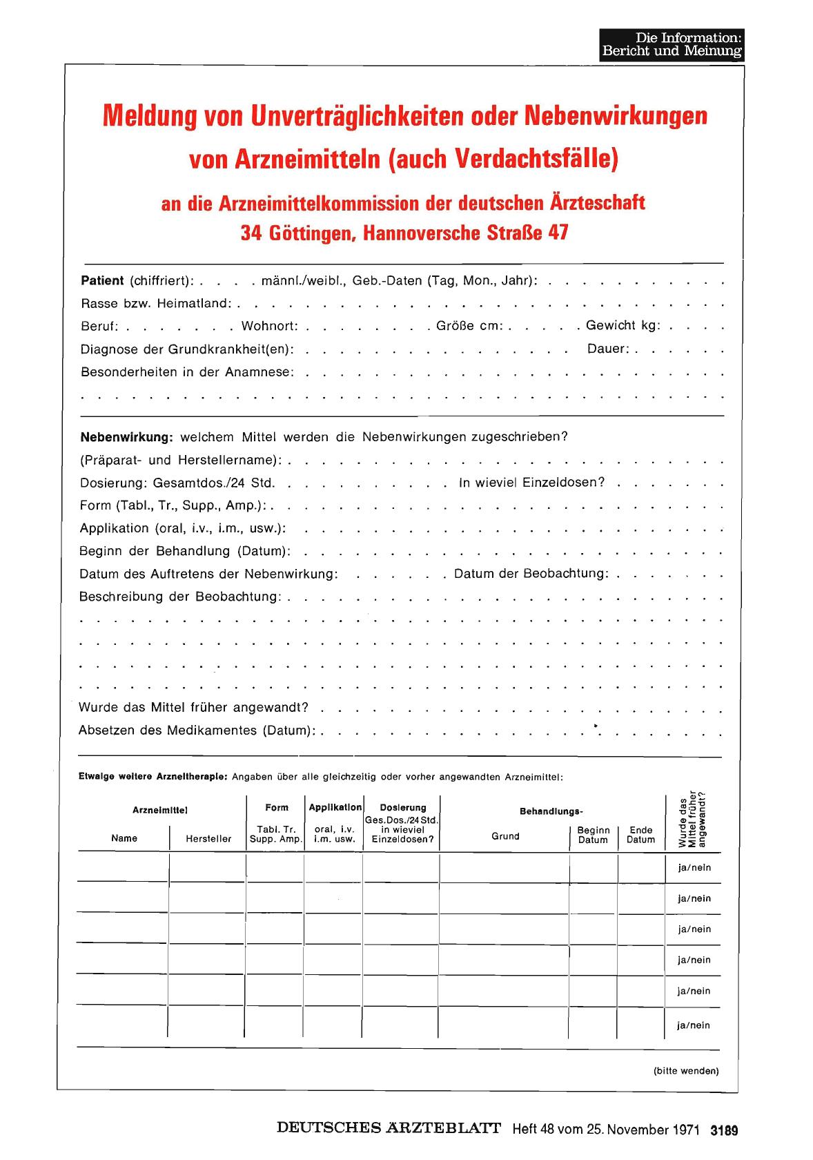 Vorschauseite 1: Meldung von Unverträglichkeiten oder Nebenwirkungen von Arzneimitteln