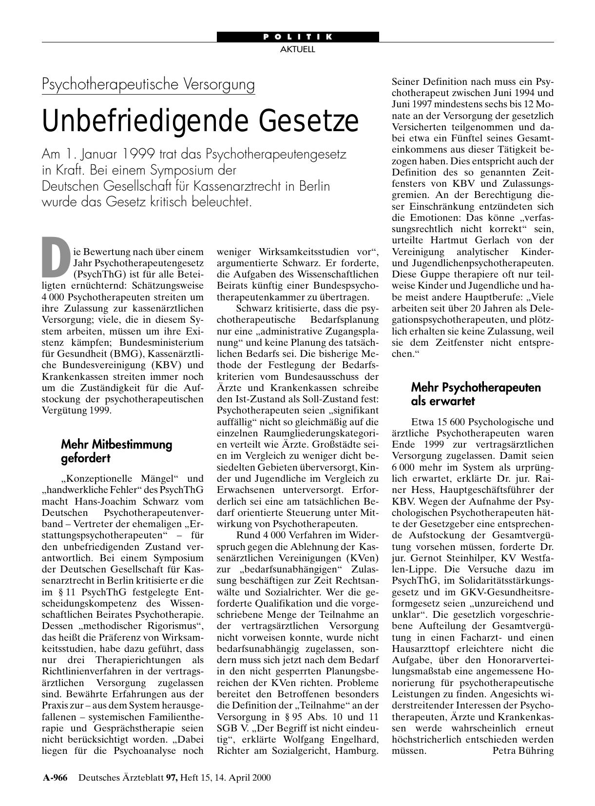 Vorschauseite 1: Psychotherapeutische Versorgung: Unbefriedigende Gesetze