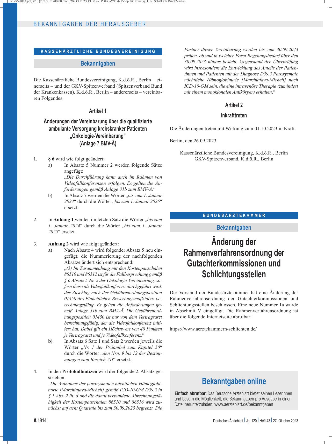 Vorschauseite 1: Änderungen der Vereinbarung über die qualifizierte ambulante Versorgung krebskranker Patienten „Onkologie-Vereinbarung“ (Anlage 7 BMV-Ä)