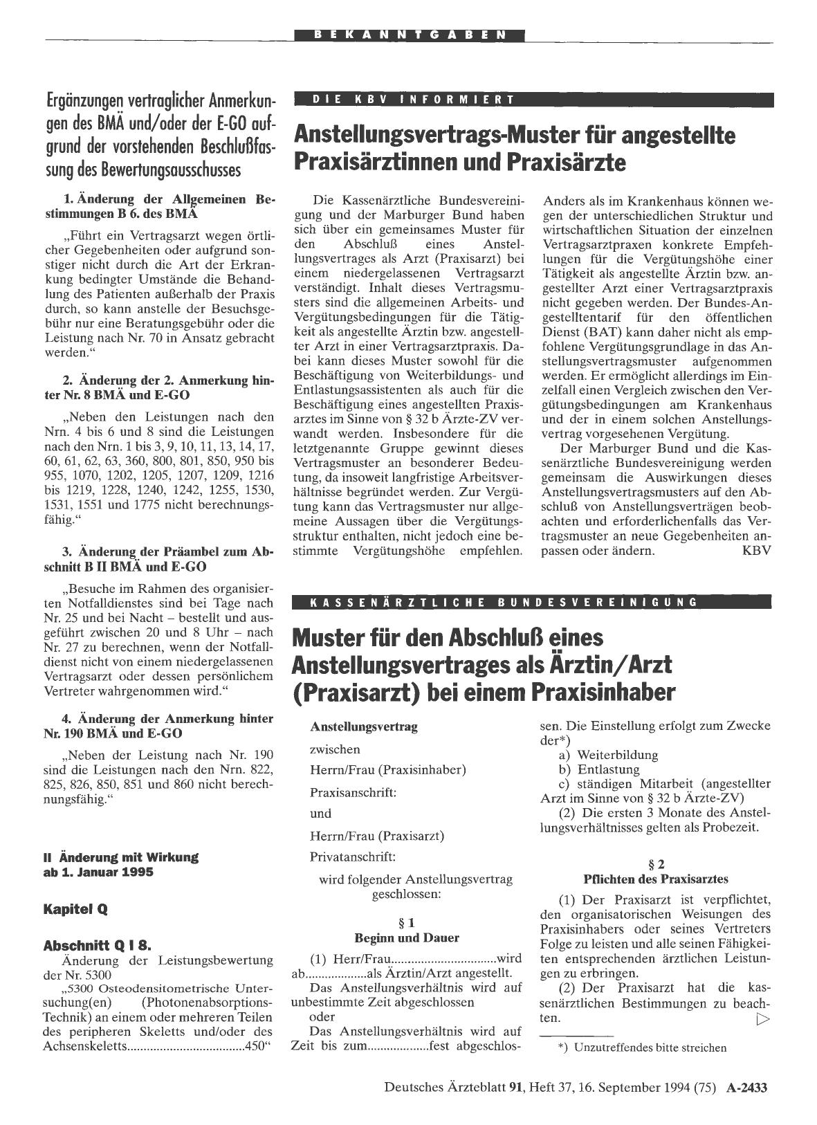 Vorschauseite 1: DIE KBV INFORMIERT: Anstellungsvertrags-Muster für angestellte Praxisärztinnen und Praxisärzte