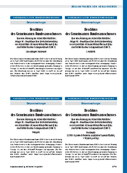 Vorschauseite 1: Beschluss des Gemeinsamen Bundesausschusses über eine Änderung der Arzneimittel-Richtlinie: Anlage XII – Remdesivir (COVID-19, keine Erfordernis zusätzlicher Sauerstoffzufuhr, < 1…