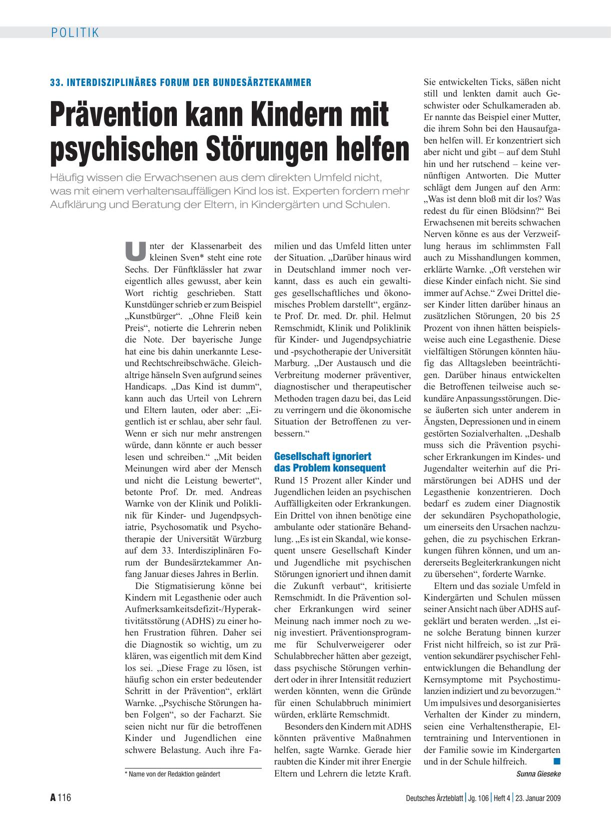 Vorschauseite 1: 33. Interdisziplinäres Forum der Bundesärztekammer: Prävention kann Kindern mit psychischen Störungen helfen