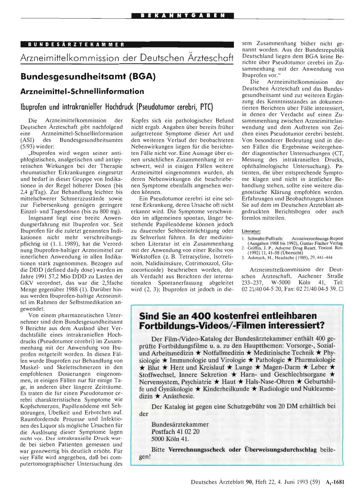 Vorschauseite 1: Bundesgesundheitsamt (BGA) Arzneimittel-Schnellinformation Ibuprofen und intrakranieller Hochdruck (Pseudotumor cerebri, PTC)