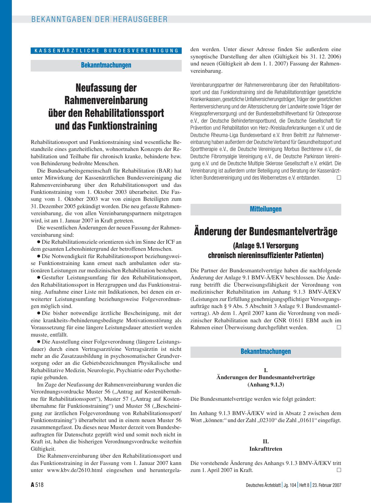 Vorschauseite 1: Mitteilungen: Änderung der Bundesmantelverträge (Anlage 9. 1 Versorgung chronisch niereninsuffizienter Patienten)