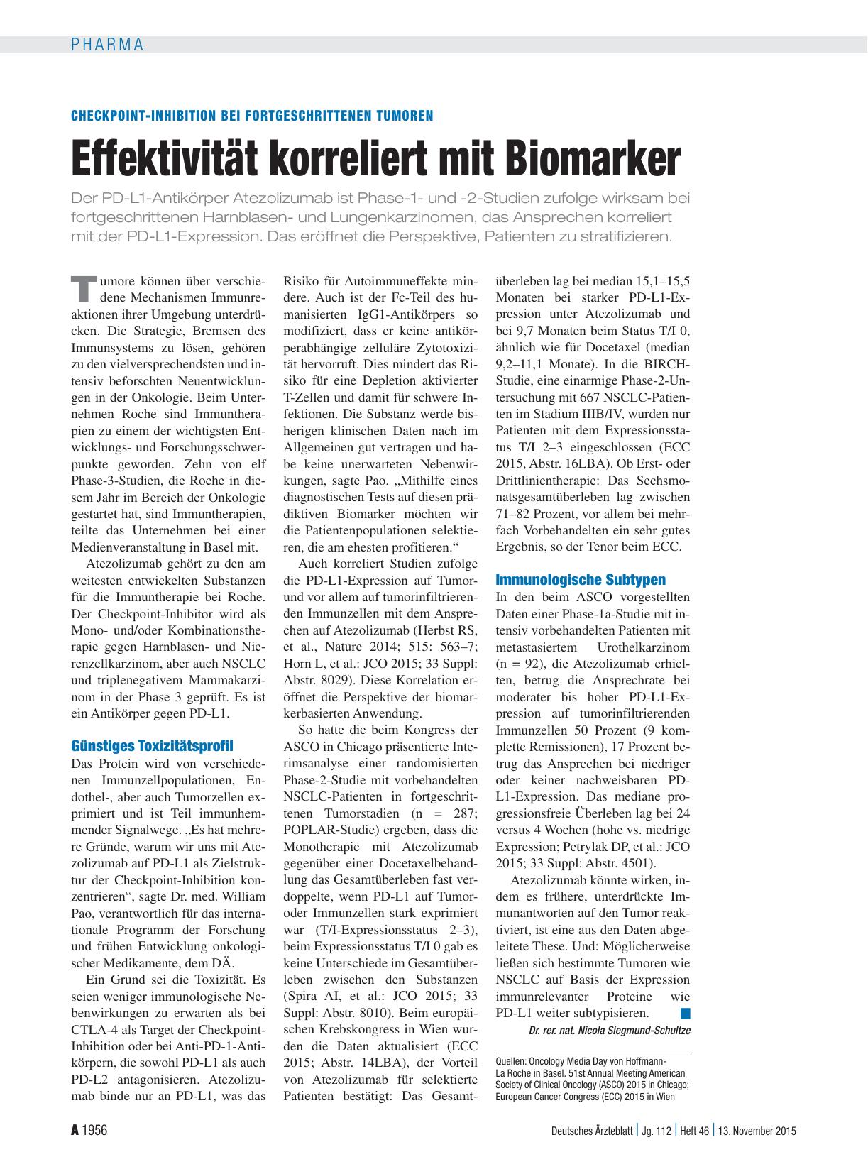Vorschauseite 1: Checkpoint-Inhibition bei fortgeschrittenen Tumoren: Effektivität korreliert mit Biomarker