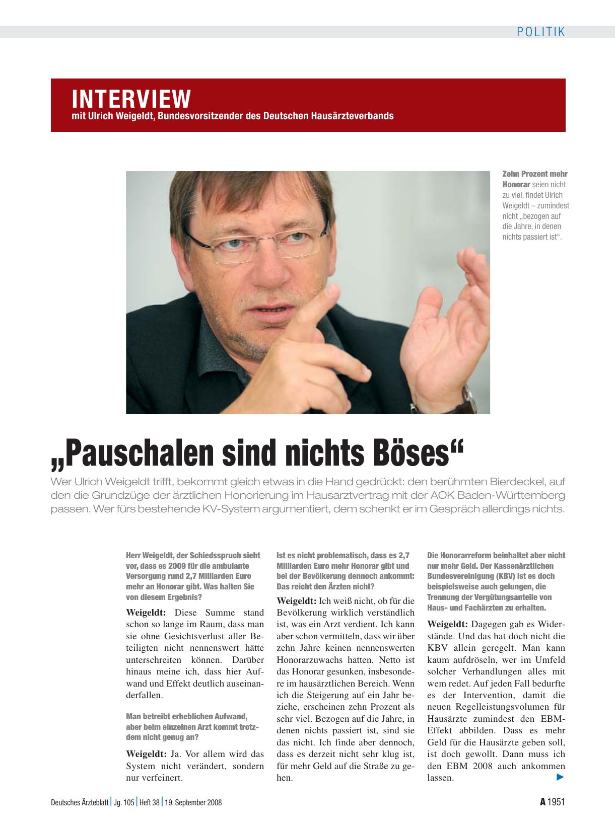 Vorschauseite 1: Interview mit Ulrich Weigeldt, Bundesvorsitzender des Deutschen Hausärzteverbands: „Pauschalen sind nichts Böses“