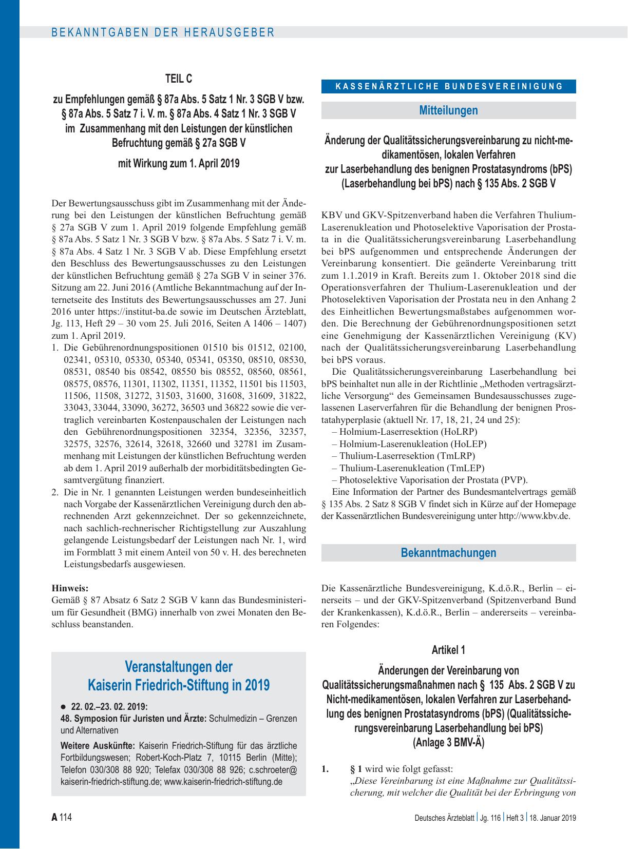 Vorschauseite 1: Änderung der Qualitätssicherungsvereinbarung zu nicht-medikamentösen, lokalen Verfahren zur Laserbehandlung des benignen Prostatasyndroms (bPS) (Laserbehandlung bei bPS)