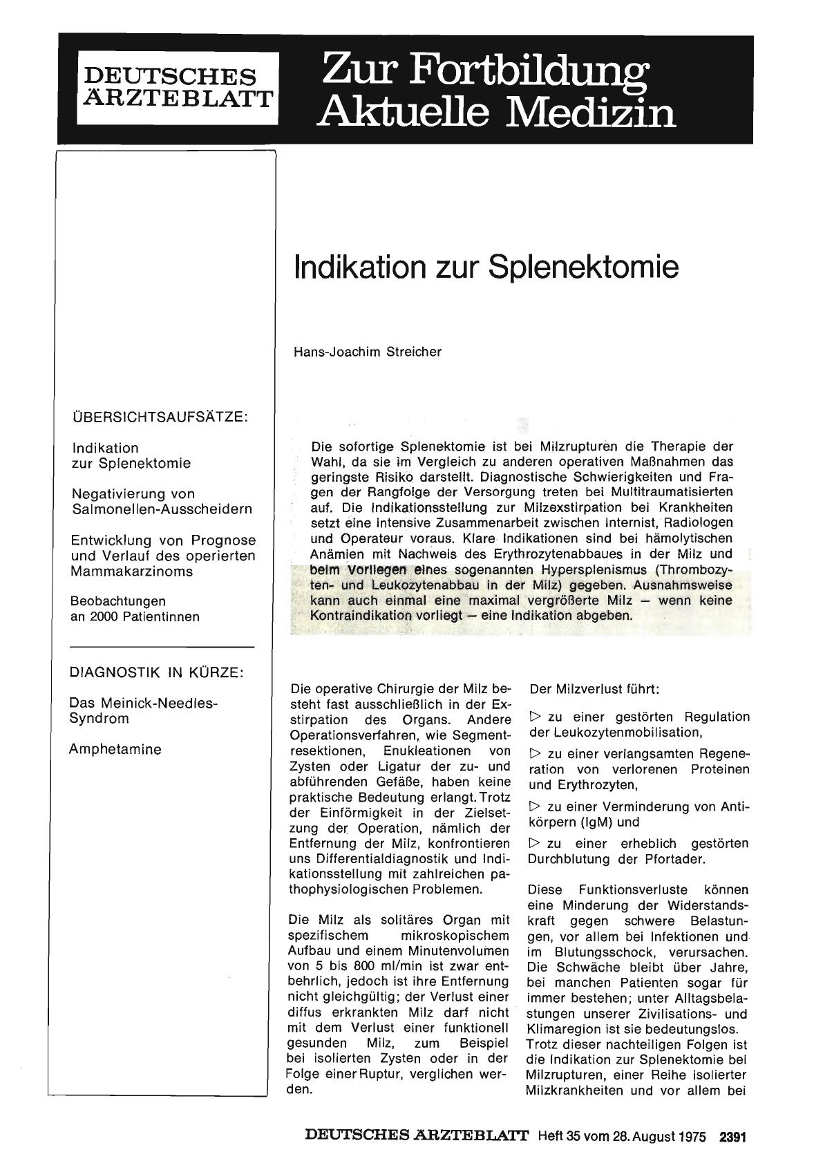 Vorschauseite 1: Indikation zur Splenektomie
