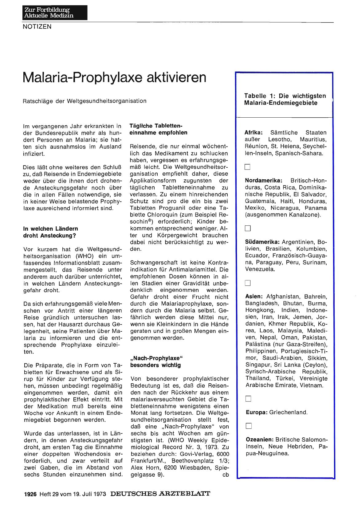 Vorschauseite 1: Malaria-Prophylaxe aktivieren