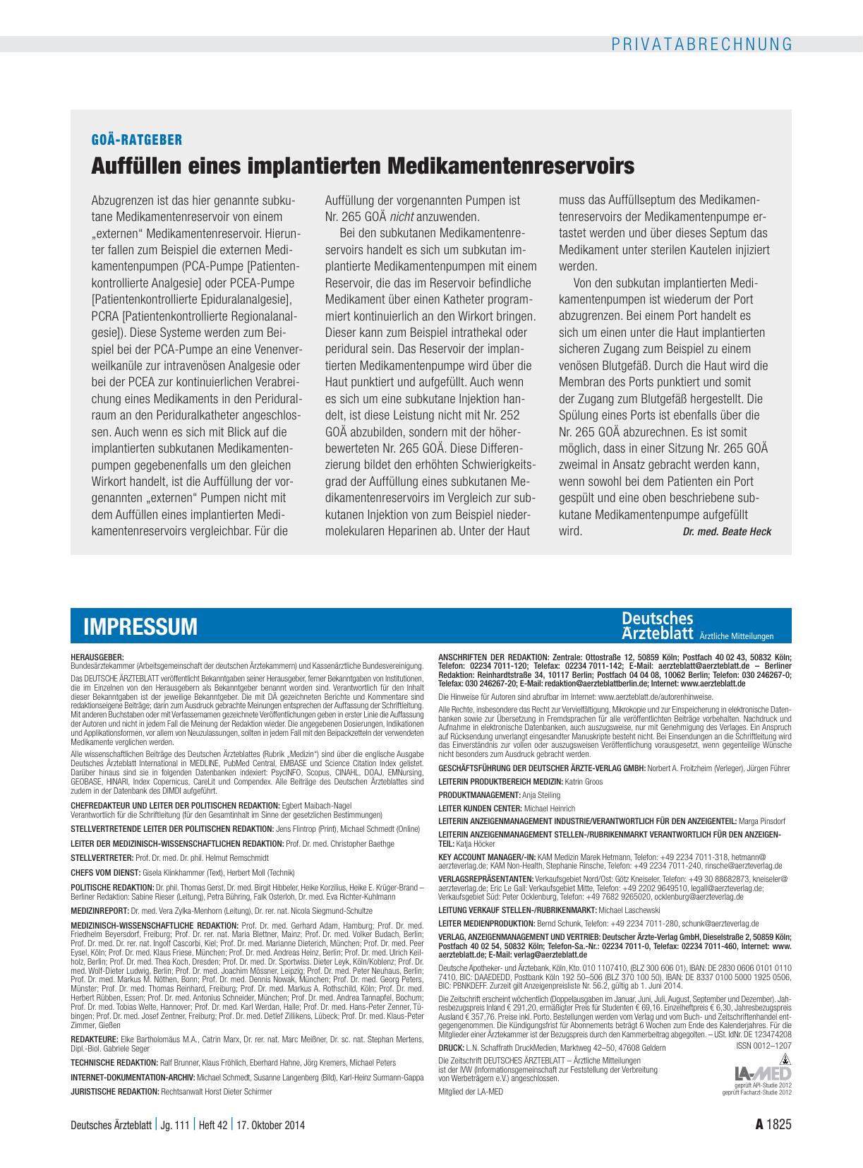 Vorschauseite 1: GOÄ-Ratgeber: Auffüllen eines implantierten Medikamentenreservoirs