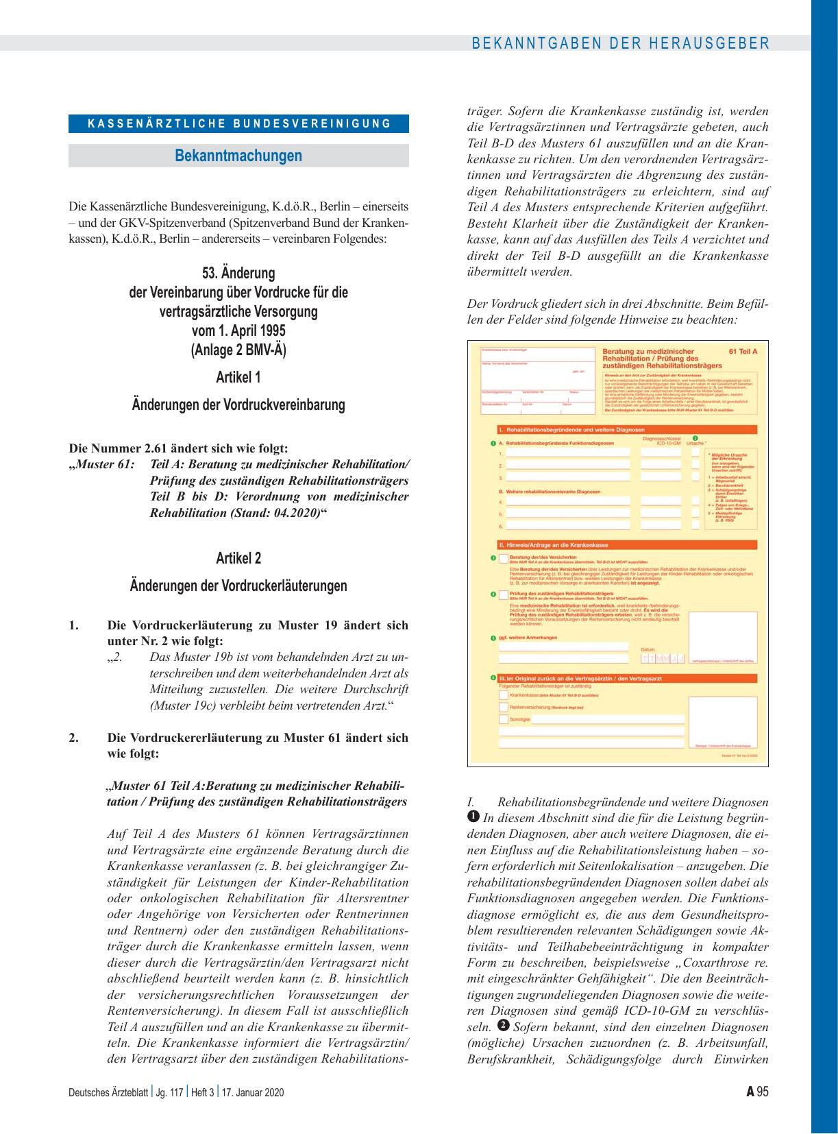 Vorschauseite 1: 53. Änderung der Vereinbarung über Vordrucke für die vertragsärztliche Versorgung vom 1. April 1995: Artikel 1, Artikel 2, Artikel 3, Inkrafttreten