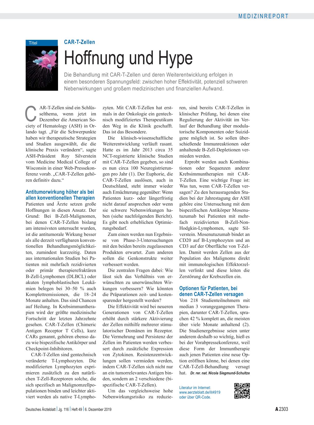 Vorschauseite 1: CAR-T-Zellen: Hoffnung und Hype