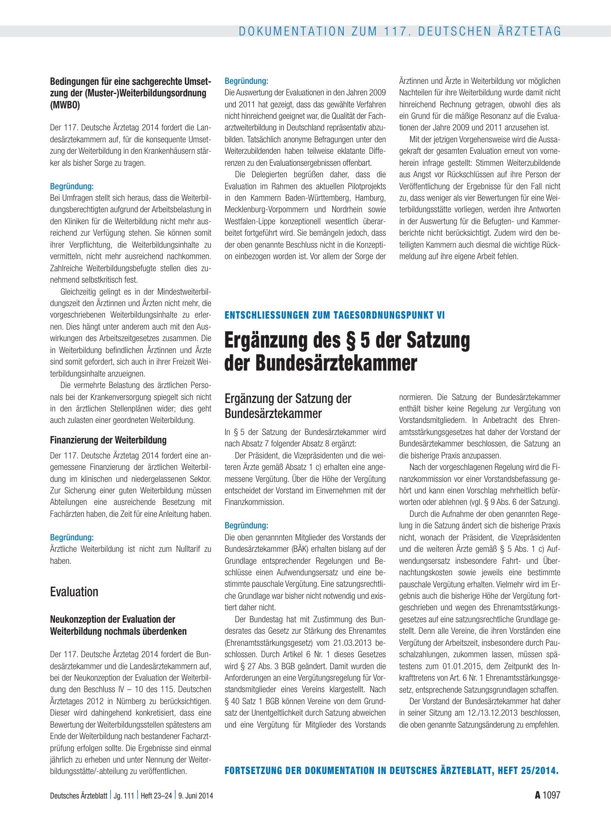 Vorschauseite 1: Entschliessungen zum Tagesordnungspunkt VI: Ergänzung des § 5 der Satzung der Bundesärztekammer