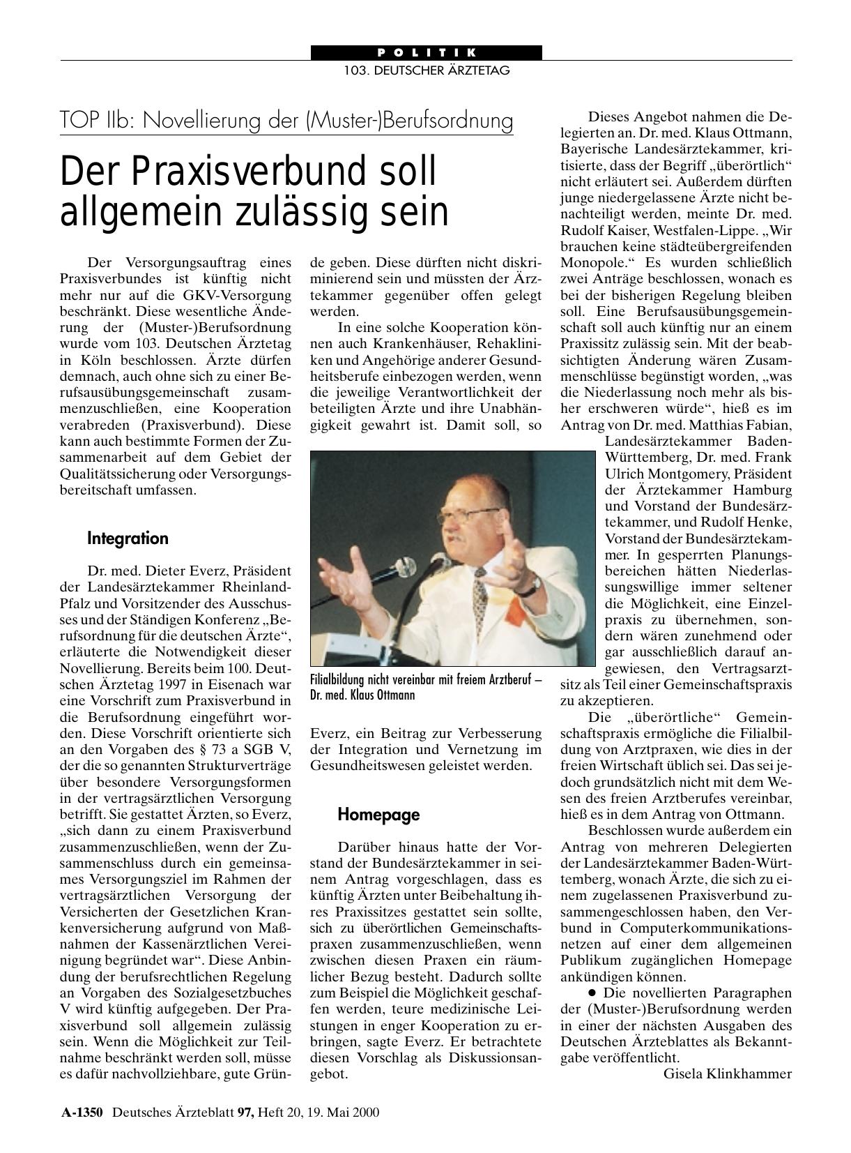 Vorschauseite 1: TOP IIb: Novellierung der (Muster-)Berufsordnung: Der Praxisverbund soll allgemein zulässig sein
