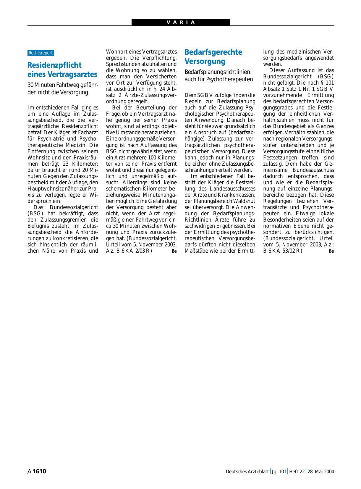 Vorschauseite 1: Bedarfsgerechte Versorgung: Bedarfsplanungsrichtlinien - auch für Psychotherapeuten