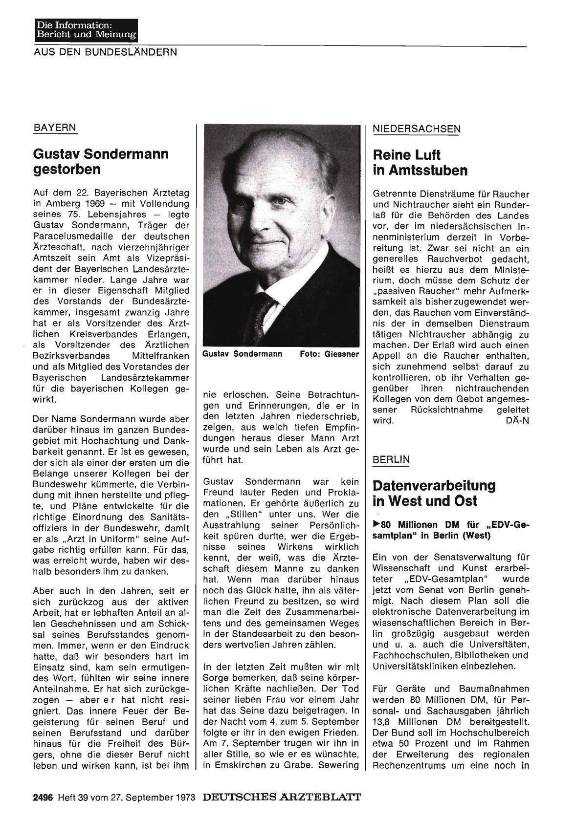 Vorschauseite 1: BAYERN: Gustav Sondermann gestorben