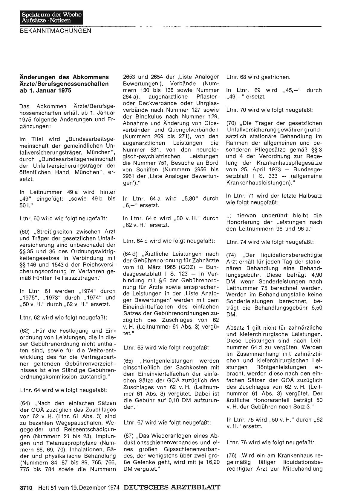 Vorschauseite 1: Änderungen des Abkommens Ärzte/Berufsgenossenschaften ab 1. Januar 1975