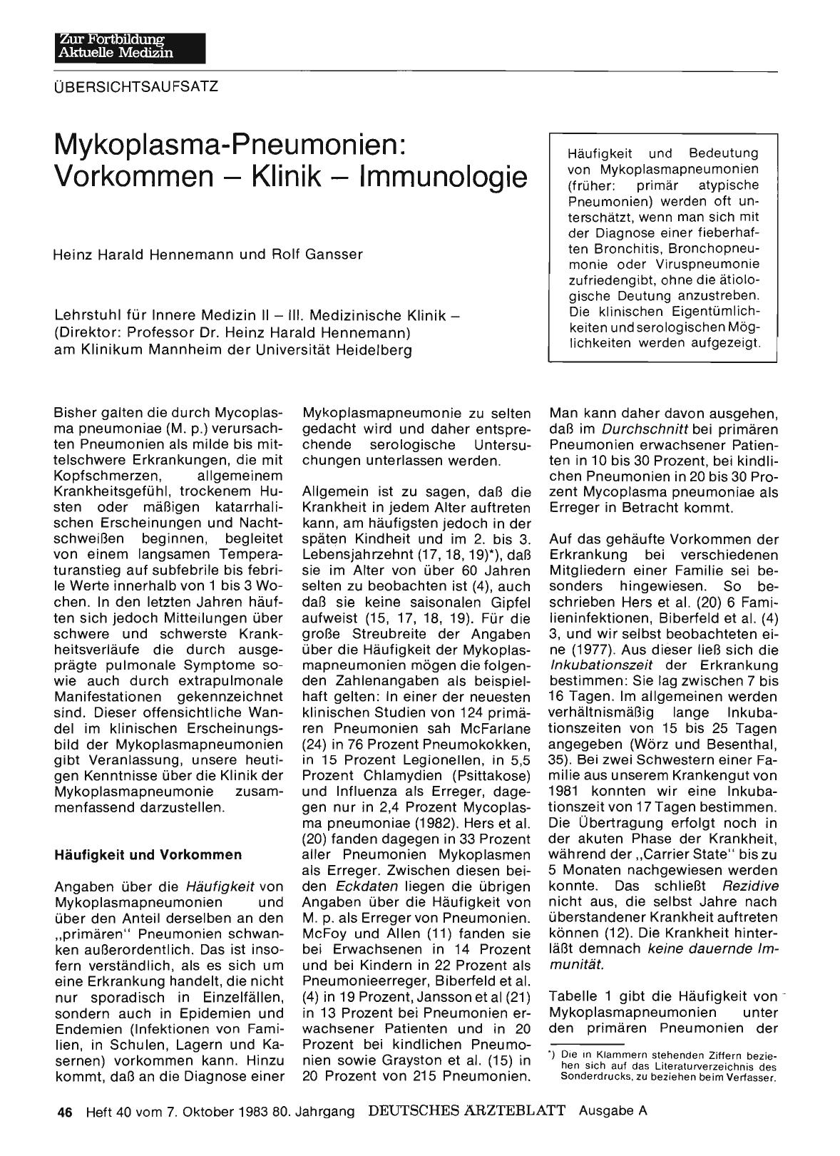 Vorschauseite 1: Mykoplasma-Pneumonien: Vorkommen - Klinik - Immunologie