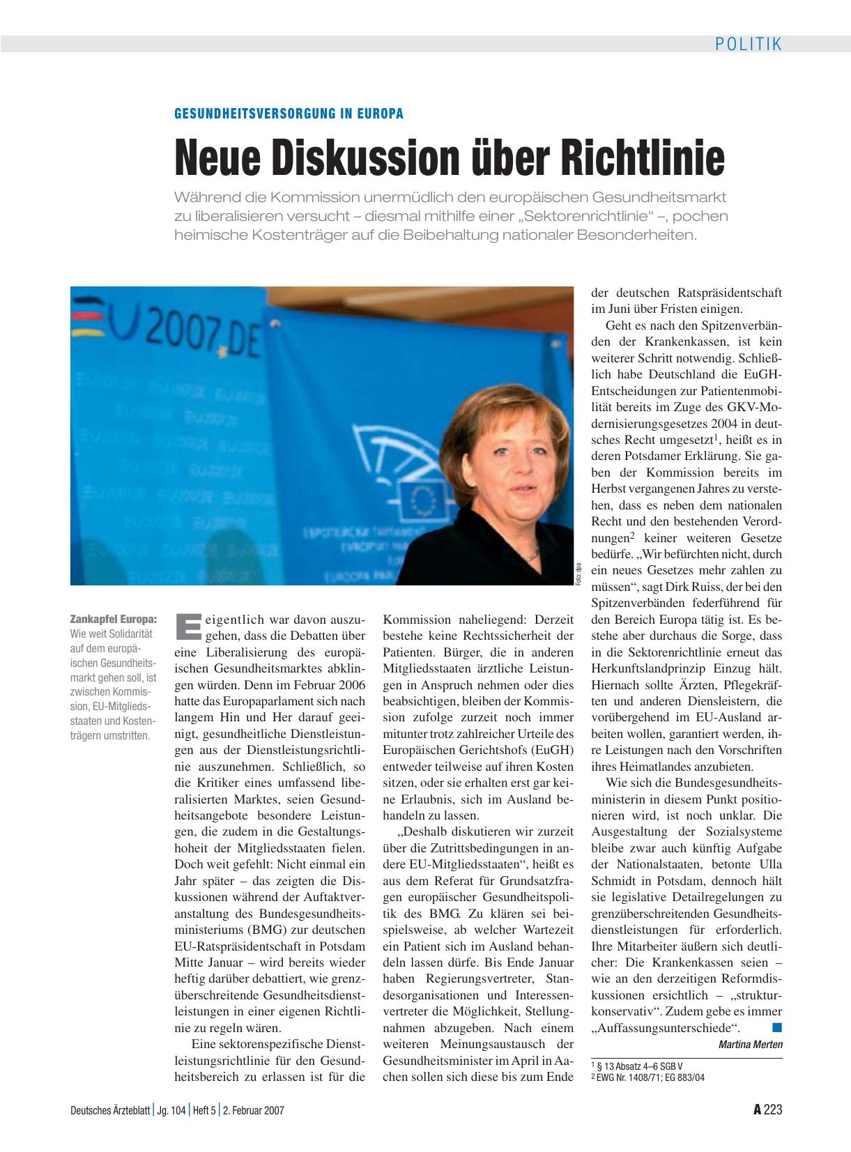 Vorschauseite 1: Gesundheitsversorgung in Europa: Neue Diskussion über Richtlinie