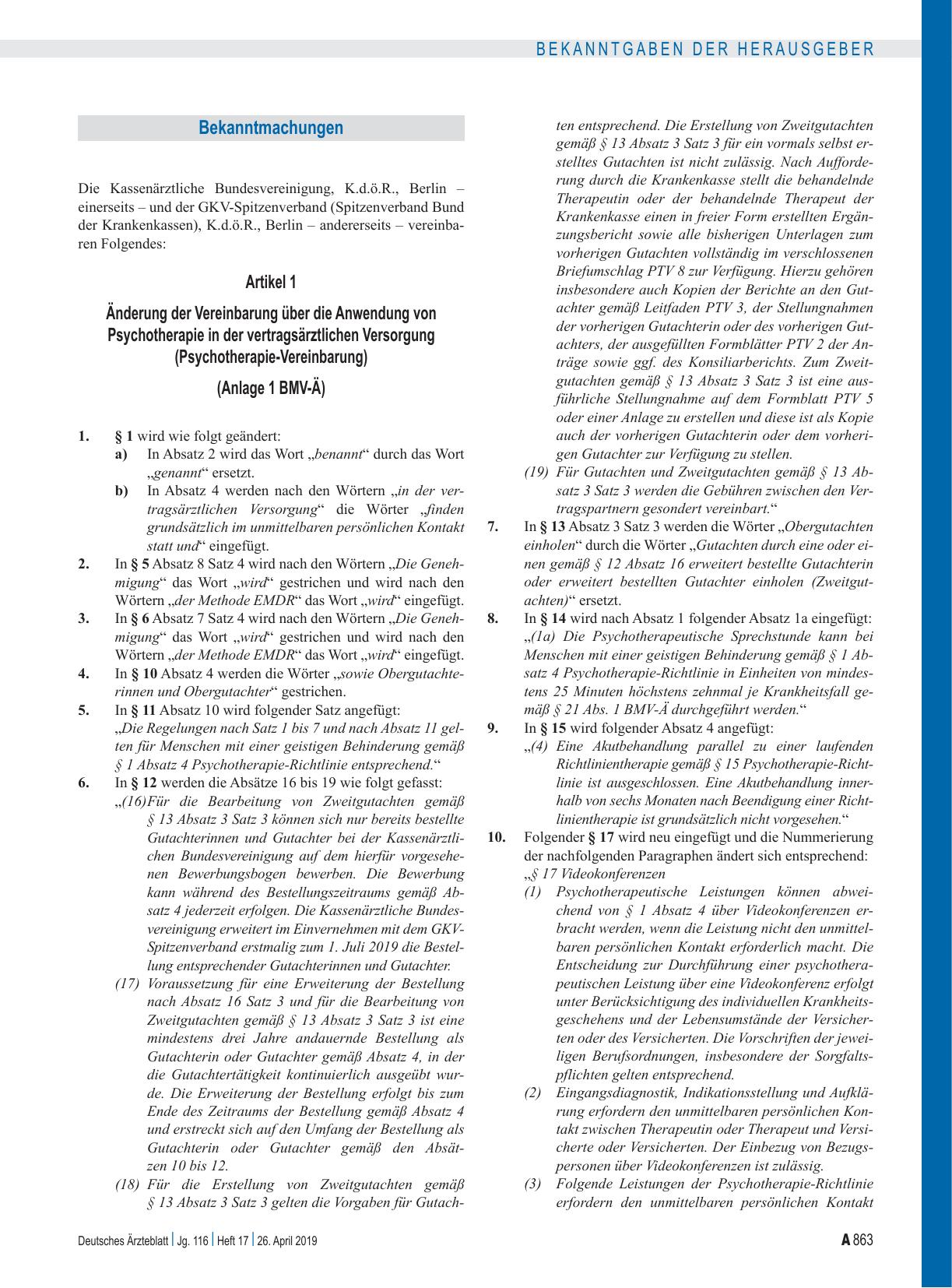 Vorschauseite 3: Änderung der Vereinbarung über die Anwendung von Psychotherapie in der vertragsärztlichen Versorgung (Psychotherapie-Vereinbarung)