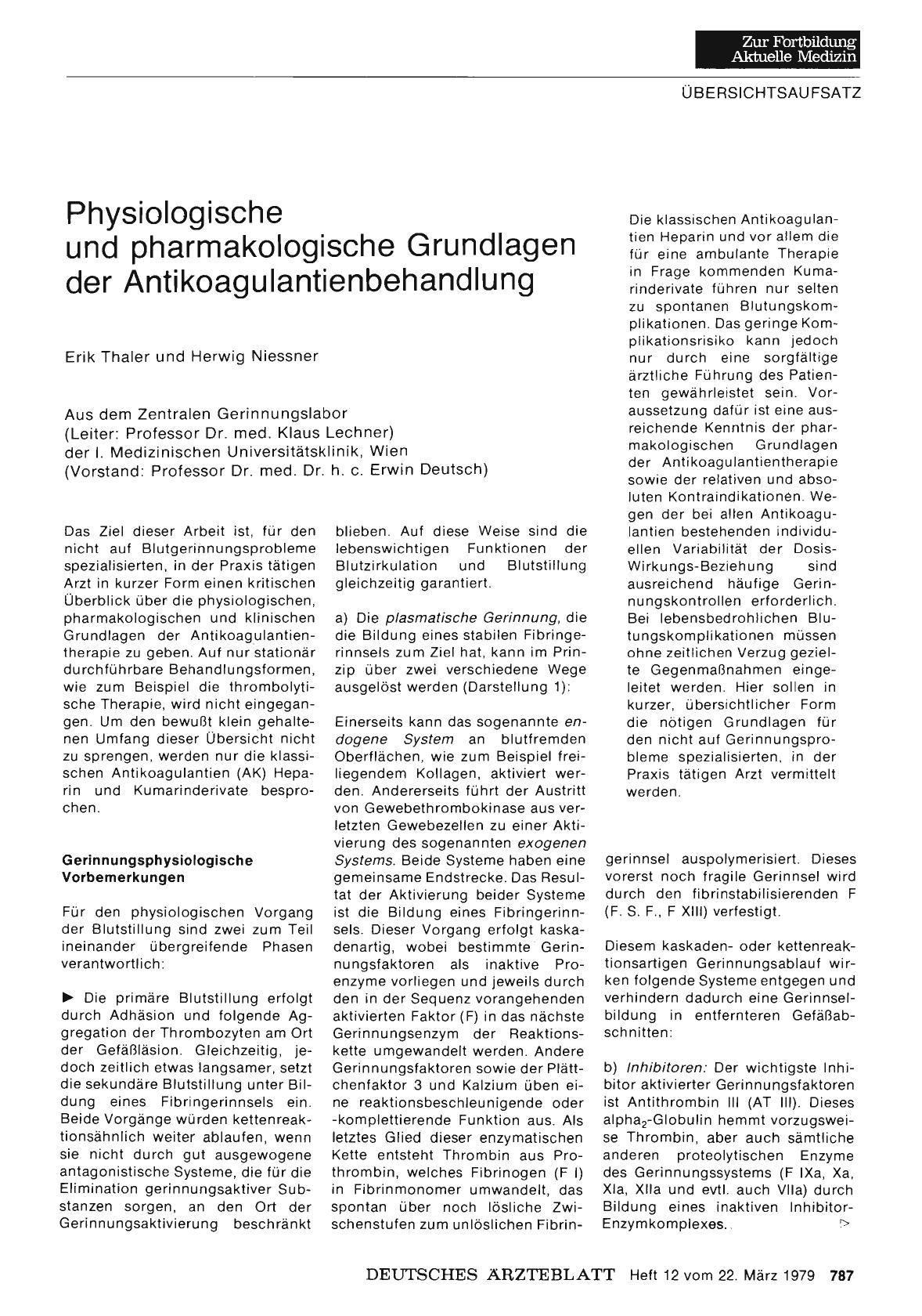 Vorschauseite 1: Physiologische und pharmakologische Grundlagen der Antikoagulantienbehandlung