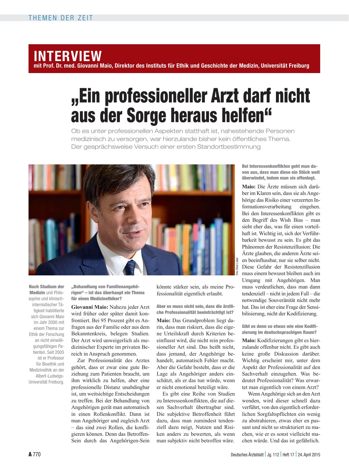 Vorschauseite 1: Interview mit Prof. Dr. med. Giovanni Maio, Direktor des Instituts für Ethik und Geschichte der Medizin, Universität Freiburg: „Ein professioneller Arzt darf nicht aus der Sorge h…