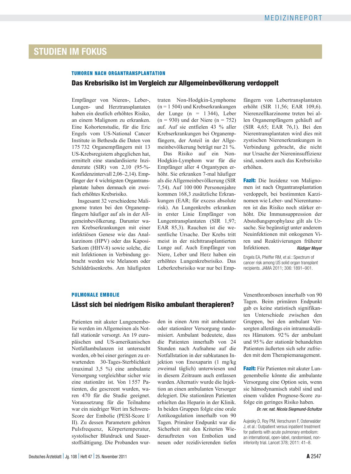 Vorschauseite 1: Pulmonale Embolie: Lässt sich bei niedrigem Risiko ambulant therapieren?