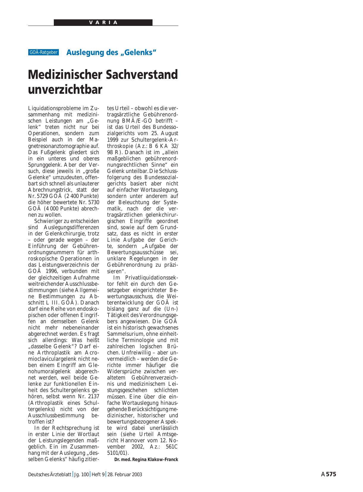 Vorschauseite 1: Auslegung des „Gelenks“: Medizinischer Sachverstand unverzichtbar