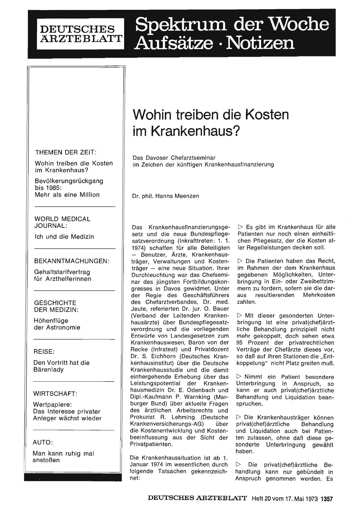 Vorschauseite 1: Wohin treiben die Kosten im Krankenhaus? Das Davoser Chefarztseminar im Zeichen der künftigen Krankenhausfinanzierung