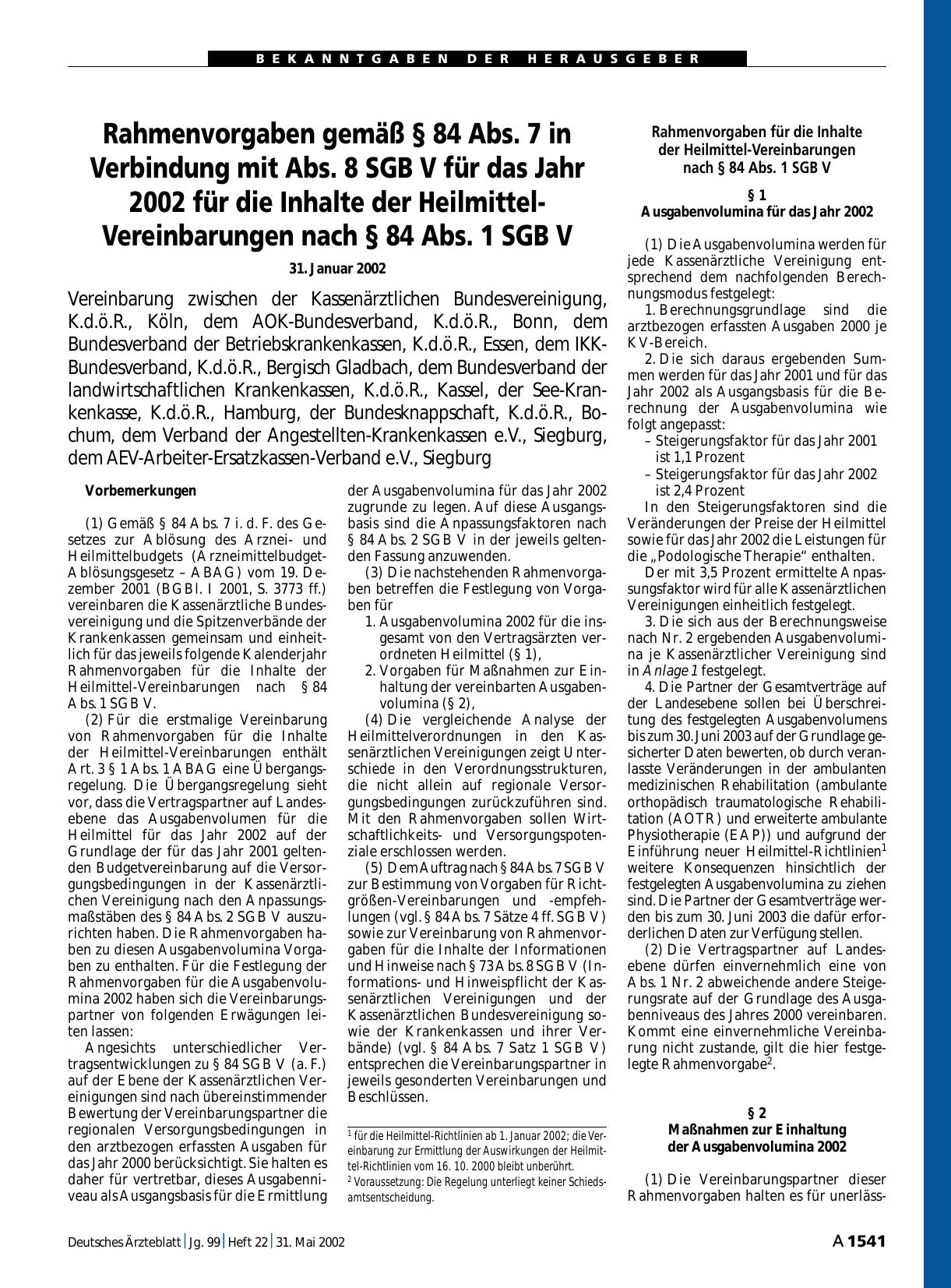 Vorschauseite 1: Rahmenvorgaben gemäß § 84 Abs. 7 in Verbindung mit Abs. 8 SGB V für das Jahr 2002 für die Inhalte der Heilmittel-Vereinbarungen nach § 84 Abs. 1 SGB V