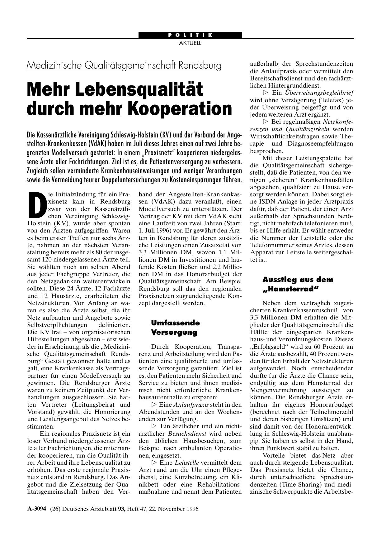 Vorschauseite 1: Medizinische Qualitätsgemeinschaft Rendsburg: Mehr Lebensqualität durch mehr Kooperation