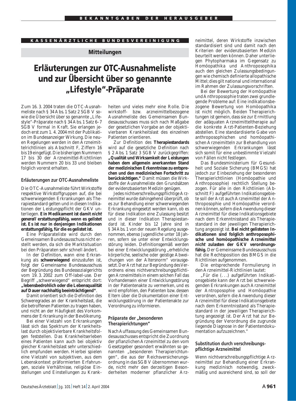 Vorschauseite 1: Mitteilungen: Erläuterungen zur OTC-Ausnahmeliste und zur Übersicht über so genannte „Lifestyle“-Präparate