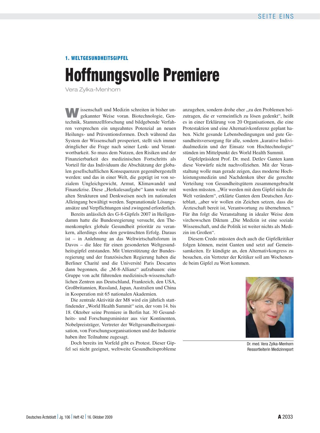 Vorschauseite 1: 1. Weltgesundheitsgipfel: Hoffnungsvolle Premiere