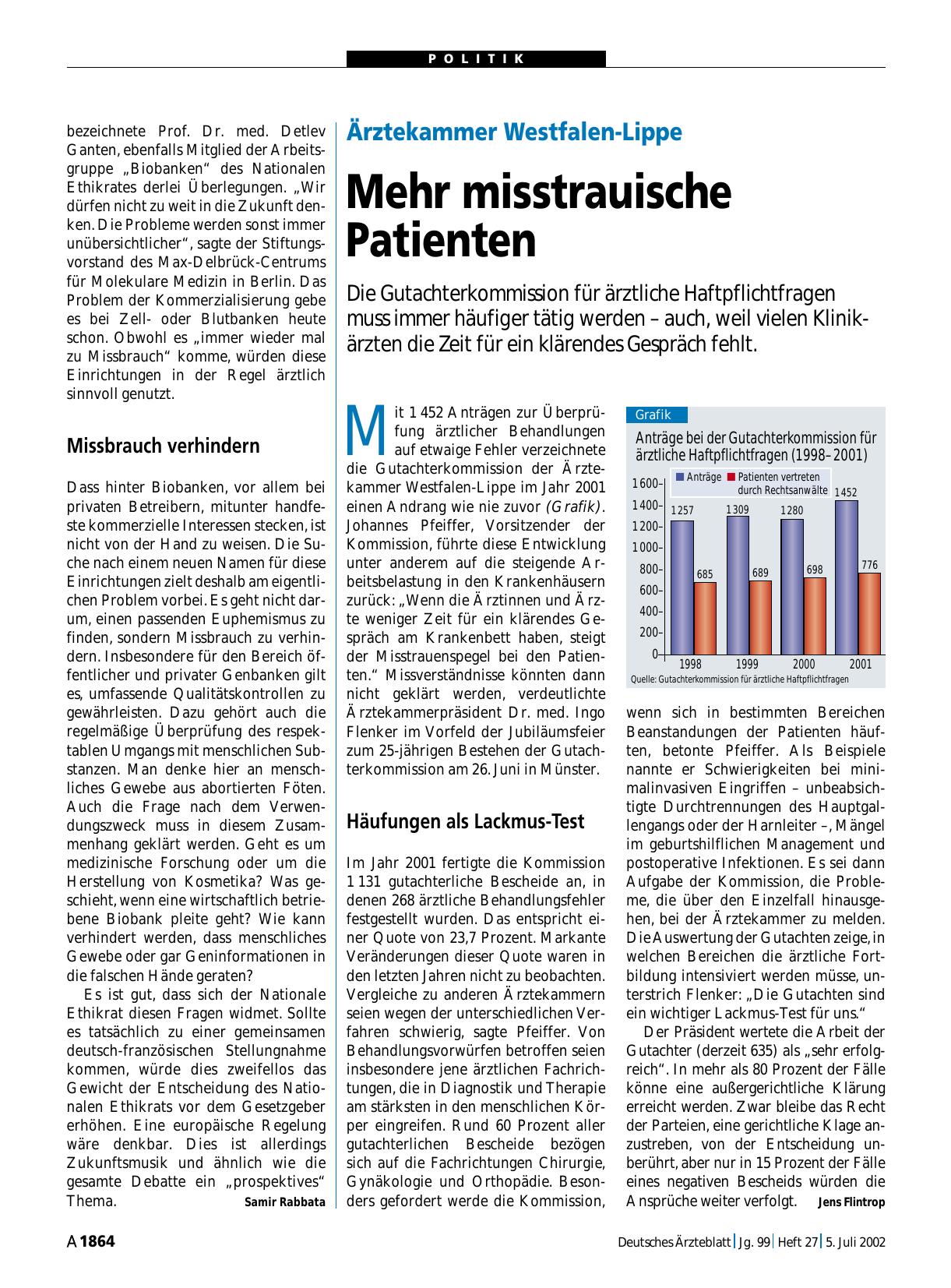 Vorschauseite 1: Ärztekammer Westfalen-Lippe: Mehr misstrauische Patienten