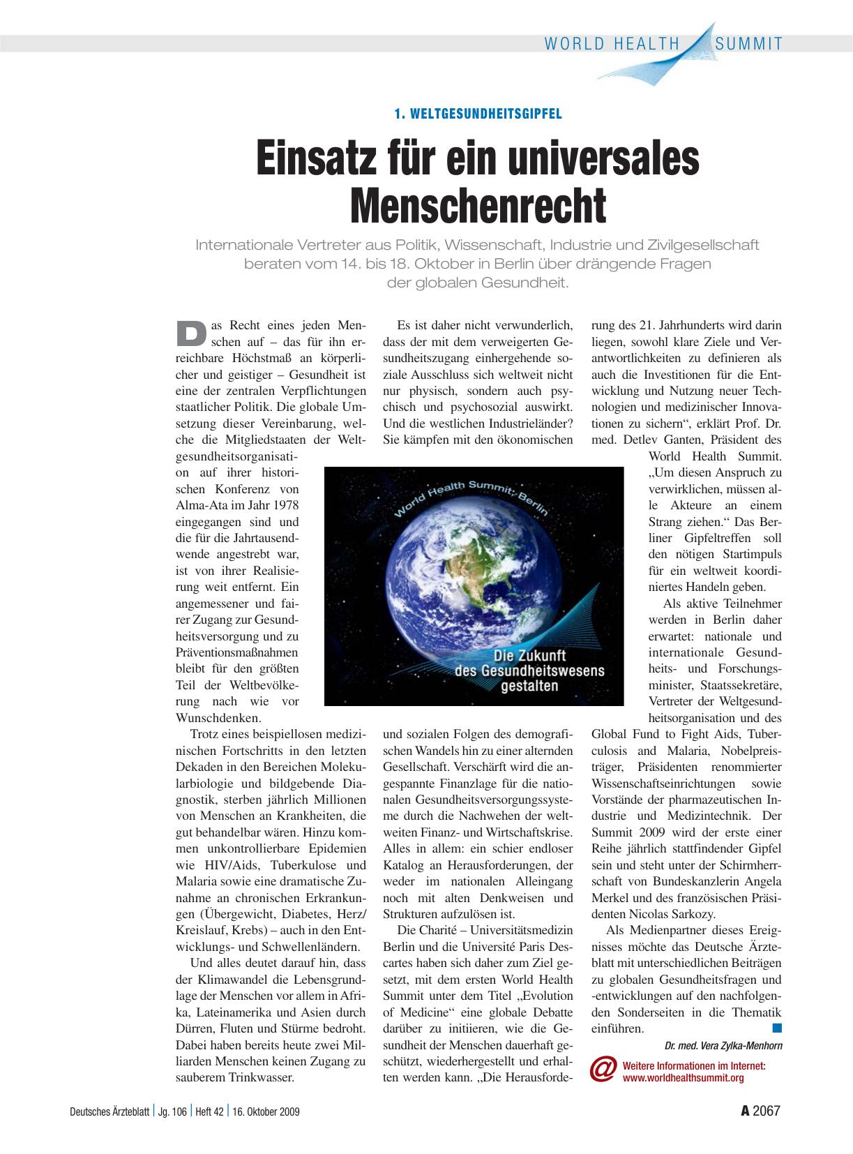 Vorschauseite 1: 1. Weltgesundheitsgipfel: Einsatz für ein universales Menschenrecht