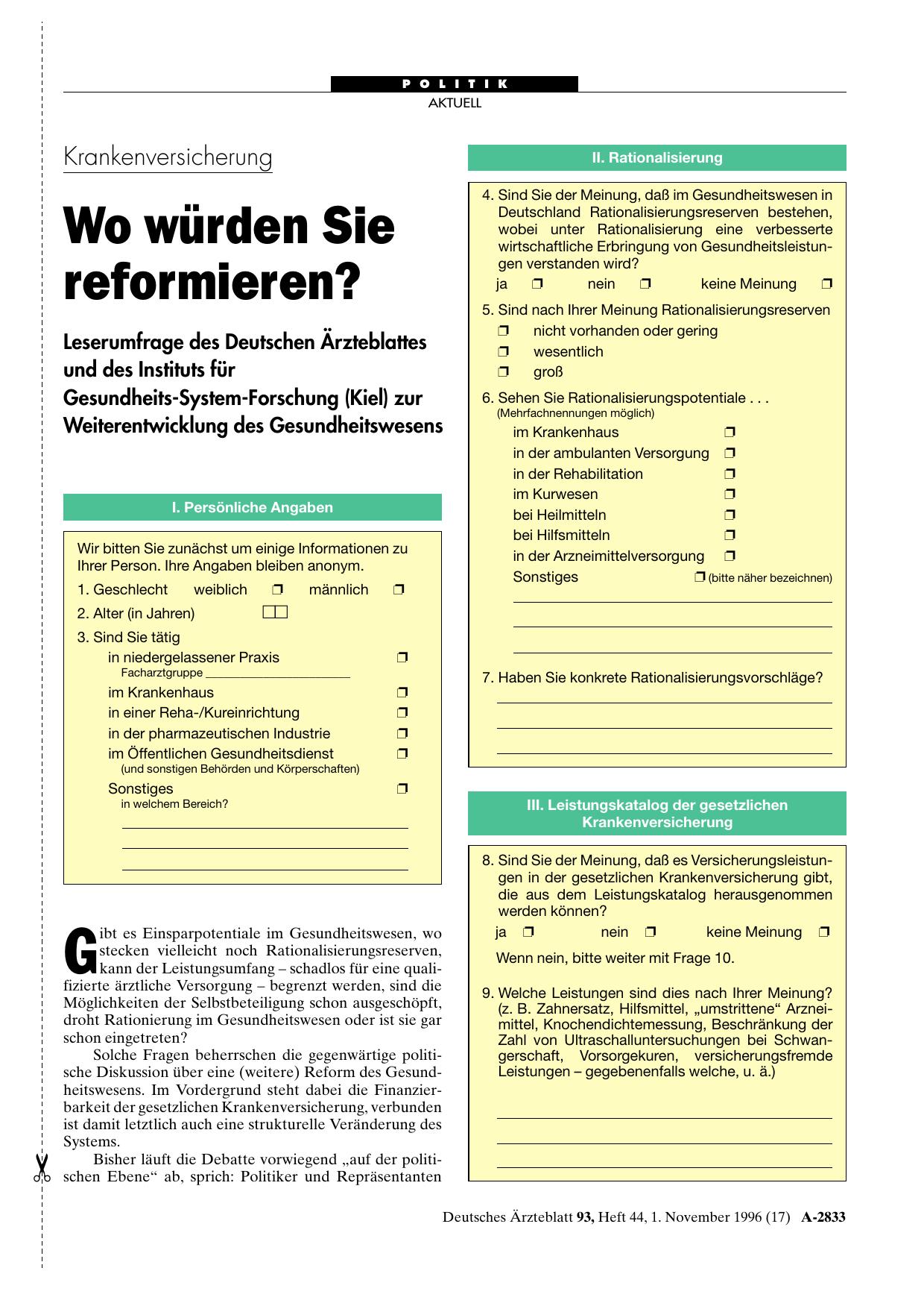 Vorschauseite 1: Krankenversicherung: Wo würden Sie reformieren? Leserumfrage des Deutschen Ärzteblattes und des Instituts für Gesundheits-System-Forschung (Kiel) zur Weiterentwicklung des Gesundh…