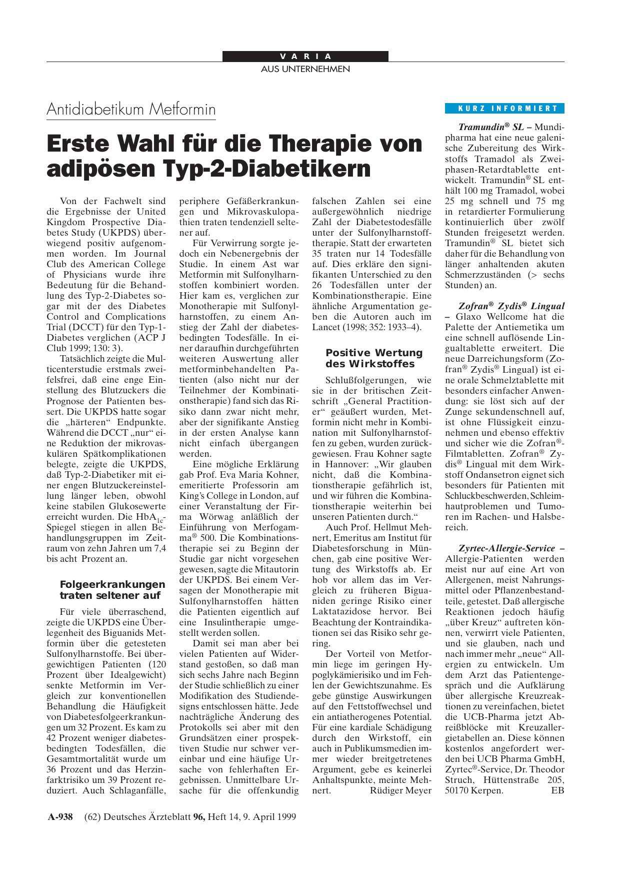 Vorschauseite 1: Antidiabetikum Metformin: Erste Wahl für die Therapie von adipösen Typ-2-Diabetikern