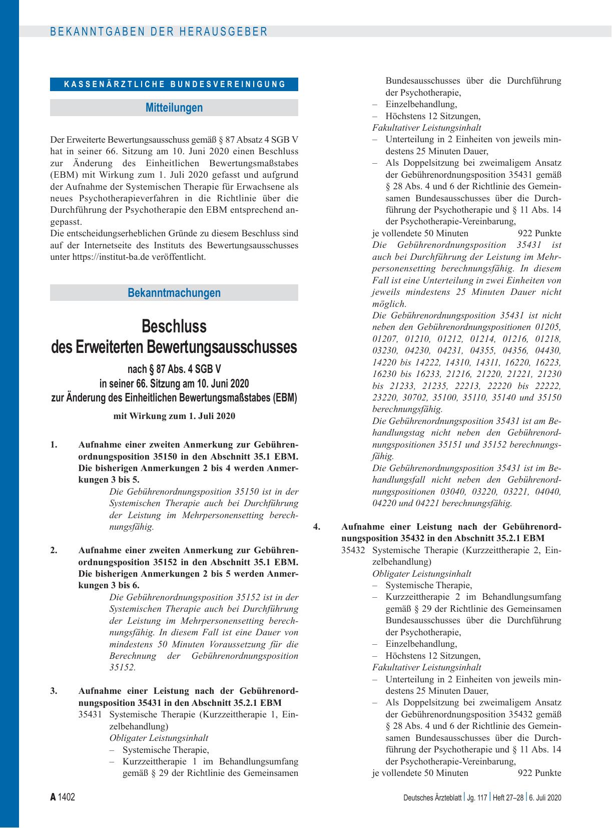 Vorschauseite 1: Beschluss des Erweiterten Bewertungsausschusses nach § 87 Abs. 4 SGB V in seiner 66. Sitzung am 10. Juni 2020 zur Änderung des Einheitlichen Bewertungsmaßstabes (EBM)
