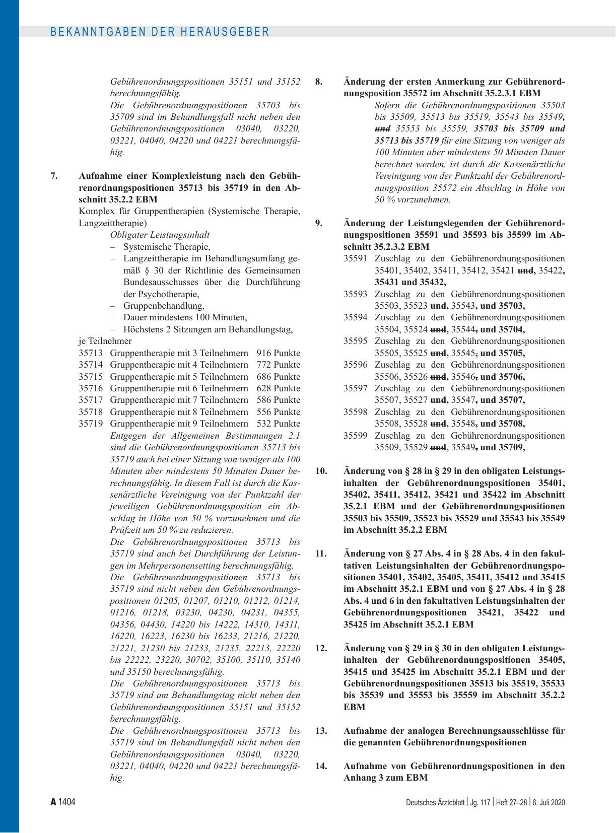 Vorschauseite 3: Beschluss des Erweiterten Bewertungsausschusses nach § 87 Abs. 4 SGB V in seiner 66. Sitzung am 10. Juni 2020 zur Änderung des Einheitlichen Bewertungsmaßstabes (EBM)