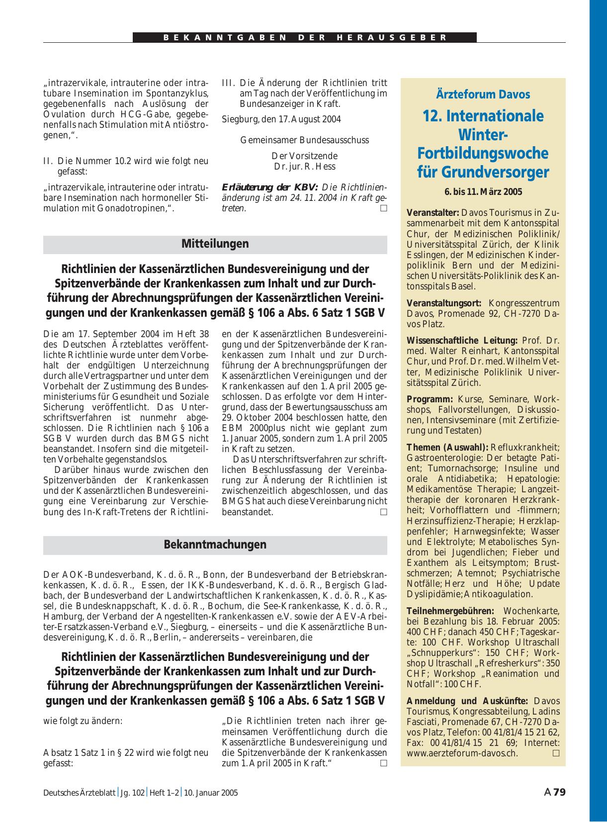 Vorschauseite 1: Ärzteforum Davos: 12. Internationale Winter-Fortbildungswoche für Grundversorger – 6. bis 11. März 2005