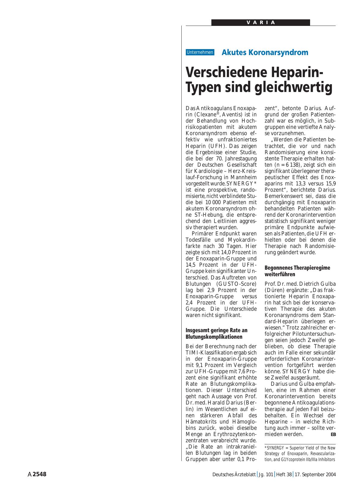 Vorschauseite 1: Akutes Koronarsyndrom: Verschiedene Heparin-Typen sind gleichwertig
