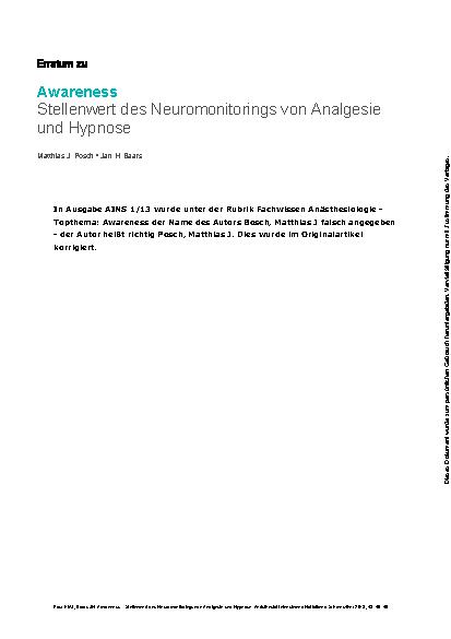 Vorschauseite 1: Awareness – Stellenwert des Neuromonitorings von Analgesie und Hypnose
