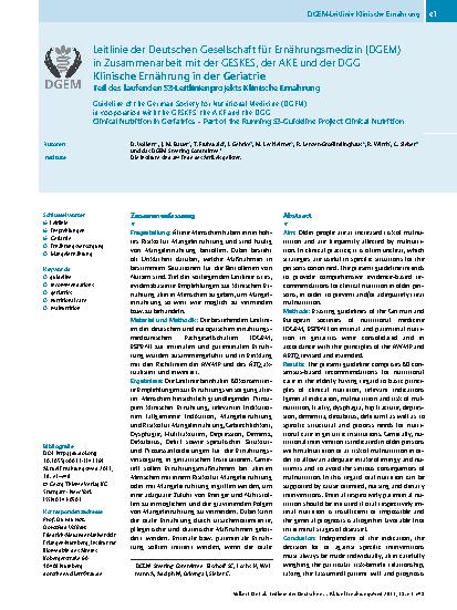 Vorschauseite 1: Leitlinie der Deutschen Gesellschaft für Ernährungsmedizin (DGEM) in Zusammenarbeit mit der GESKES, der AKE und der DGG